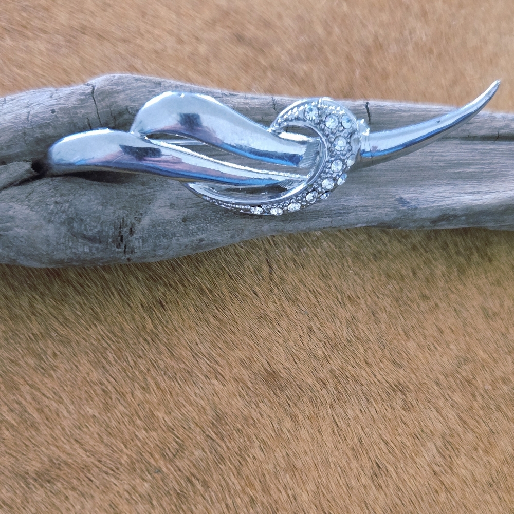 Vintage  Silver Tone  Brooch with Crystal Accents